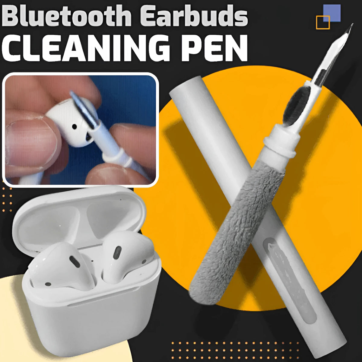 Black and white plastic earbud cleaning pen with a brush for headphones and mobile phones