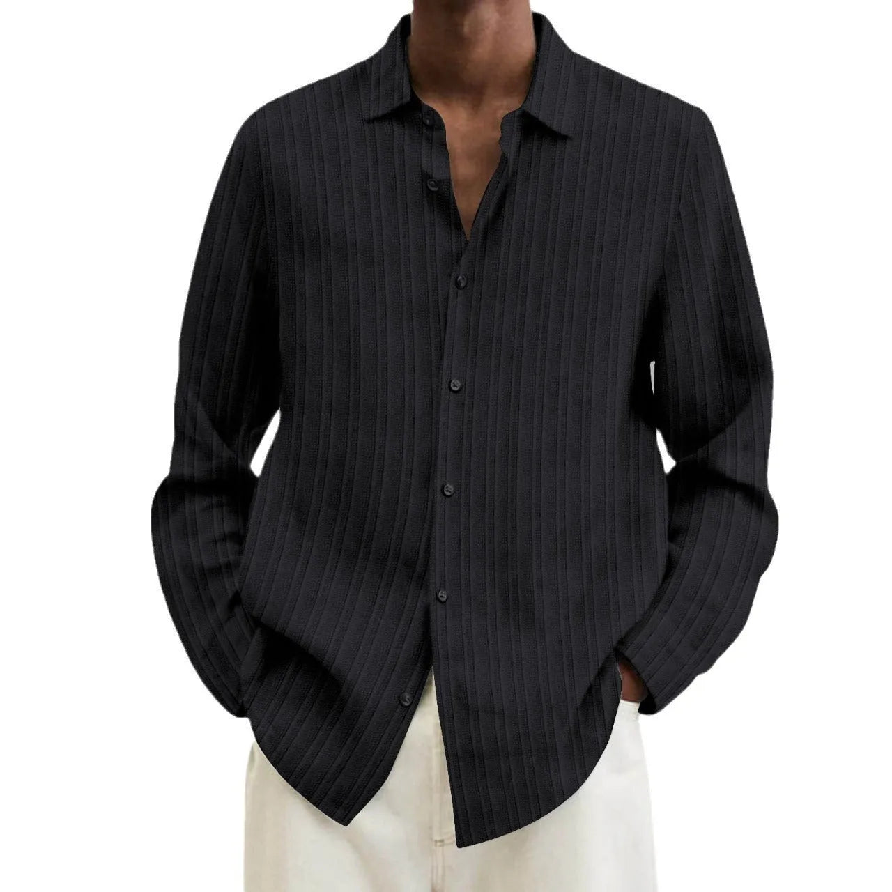 Man wearing a loose fit plain colour striped long sleeve cardigan shirt.