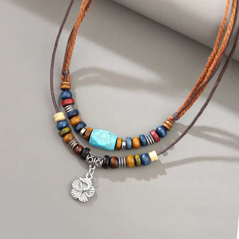 Men's classic wooden bead necklace with turquoise wax rope and alloy geometric pendant, retro fashion necklace suitable for office wear and casual style with flower popular elements, regular chain design