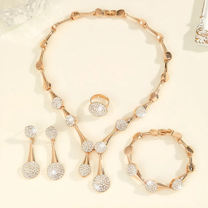 Gold tone alloy jewellery set with flower pendant necklace, bracelet and earrings in plant and flower pattern