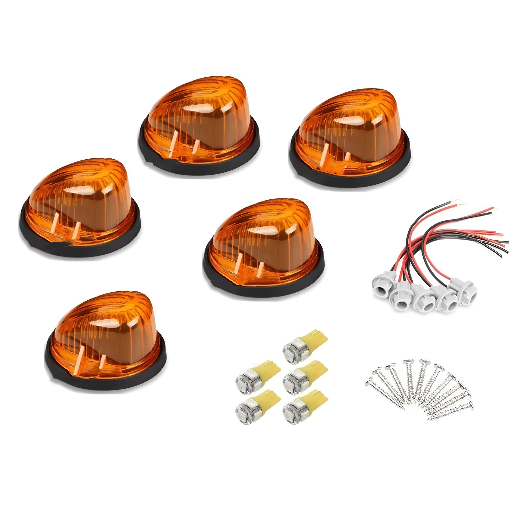 GR-model LED roof cab light kit showing yellow, transparent, and smoked black polycarbonate lenses with bases and bulbs.