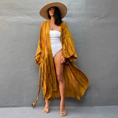 Printed loose beach cover-up shirt with long sleeves in cotton fabric for sun protection