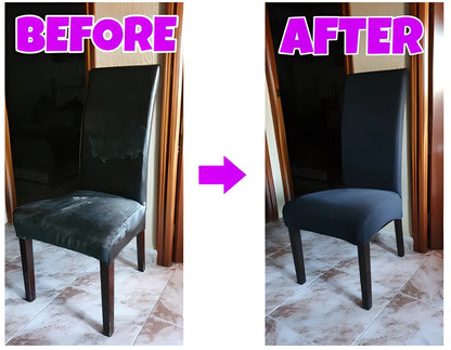 Elegant dining chair covers in various colours, transforming plain chairs into stylish home decor pieces