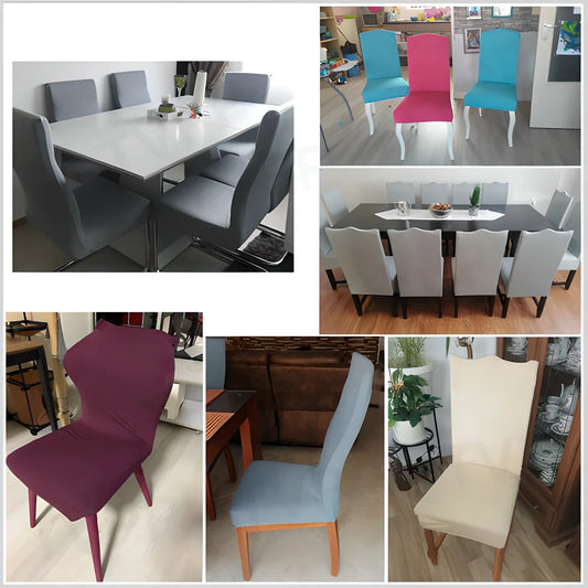 Elegant dining chair covers in various colours, transforming plain chairs into stylish home decor pieces