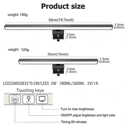 Eye-Care Computer Monitor Illumination Lamp with Asymmetrical Design, Touch Controls, and Customisable Lighting Modes