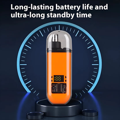 Rechargeable nose hair trimmer with digital display, cleaning brush, and USB charger