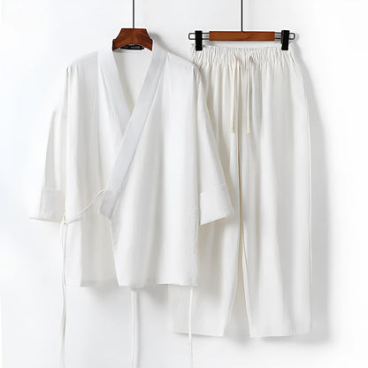 Cotton cardigan hanfu two-piece suit in five colours with shirt-style top and pants
