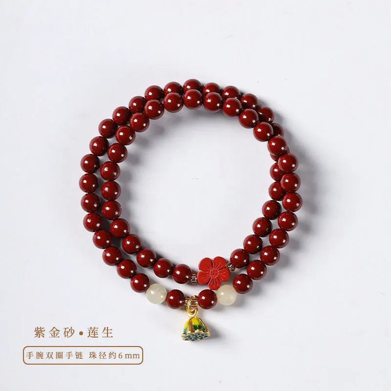 Purple gold sand hand-woven bracelet with double circle design and cinnabar beads