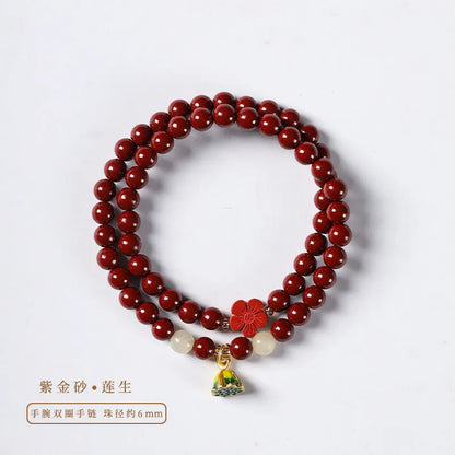 Purple gold sand hand-woven bracelet with double circle design and cinnabar beads
