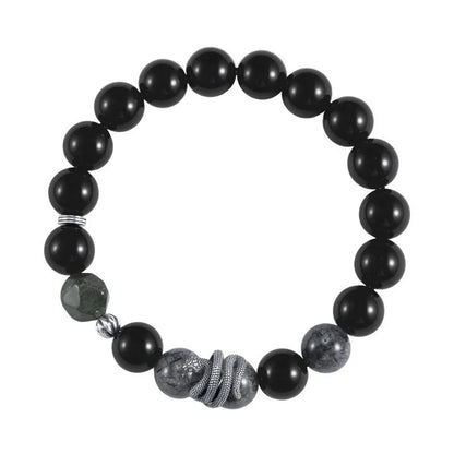 Men's black S925 sterling silver bracelet with obsidian crystal and snake zodiac design