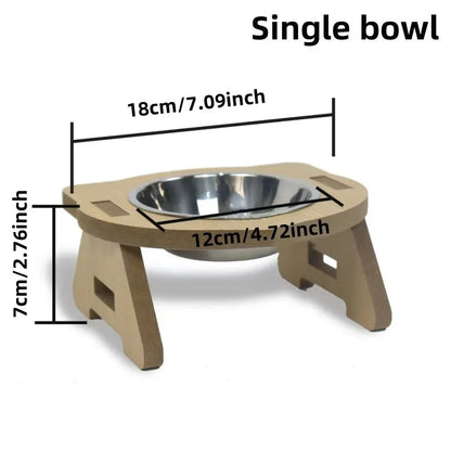 Wooden cat feeder with two stainless steel bowls for food and water, shown in large and small sizes.
