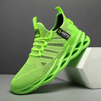 Men's black mesh casual running shoes with cross-strap detail and white MD sole, shown from the side.