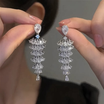 Silver pagoda Christmas tree drop earrings with zircon crystals for women