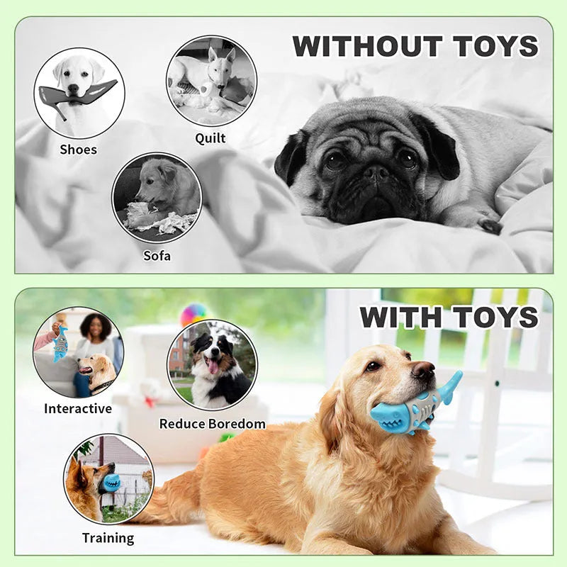 Blue, grey, and yellow plastic dog teething toy with shark-tooth texture and venting holes.