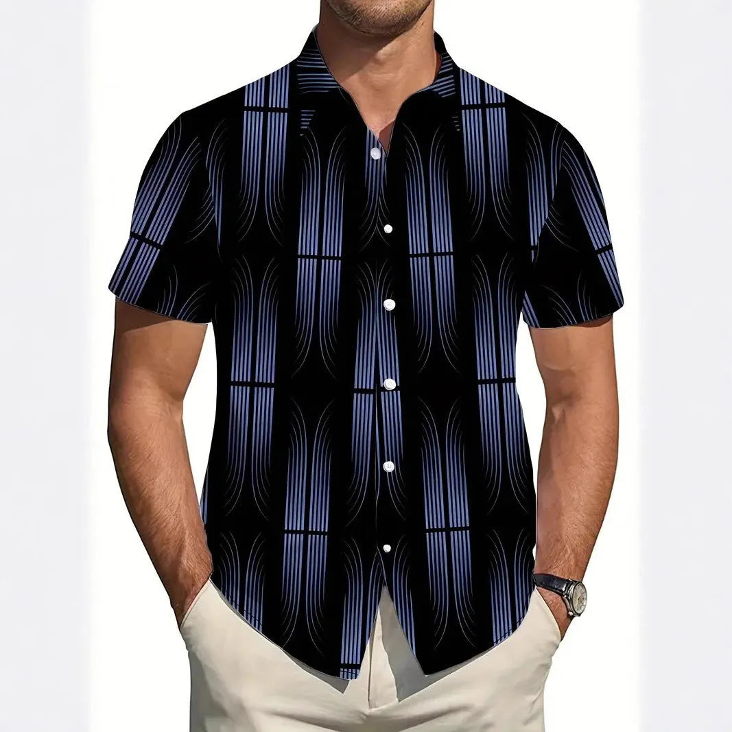 Men's geometric line printed short sleeve shirt with lapel collar in slim fit styling