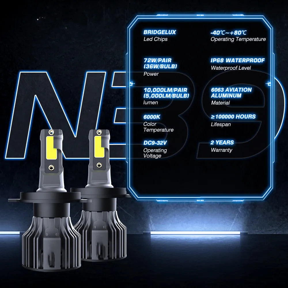 Close-up of a 6000K white LED car headlight bulb with adjustable chuck and connector, showing compact design.