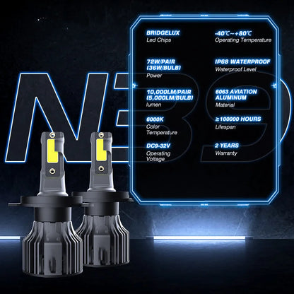 Close-up of a 6000K white LED car headlight bulb with adjustable chuck and connector, showing compact design.