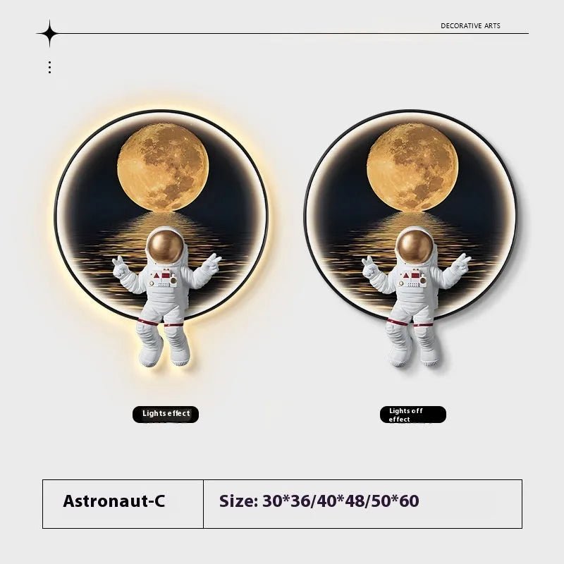 Space-themed canvas wall art with optional LED bedside lamp for children's bedrooms in Spaceman pattern