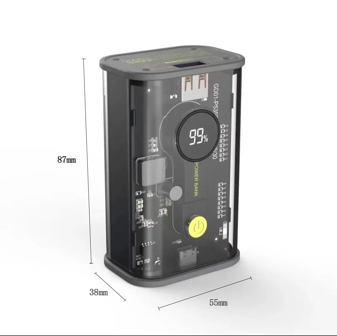 Transparent industrial power bank showing internal battery cells with 10000mAh capacity