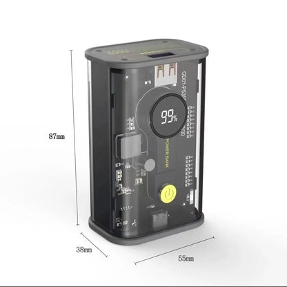 Transparent industrial power bank showing internal battery cells with 10000mAh capacity