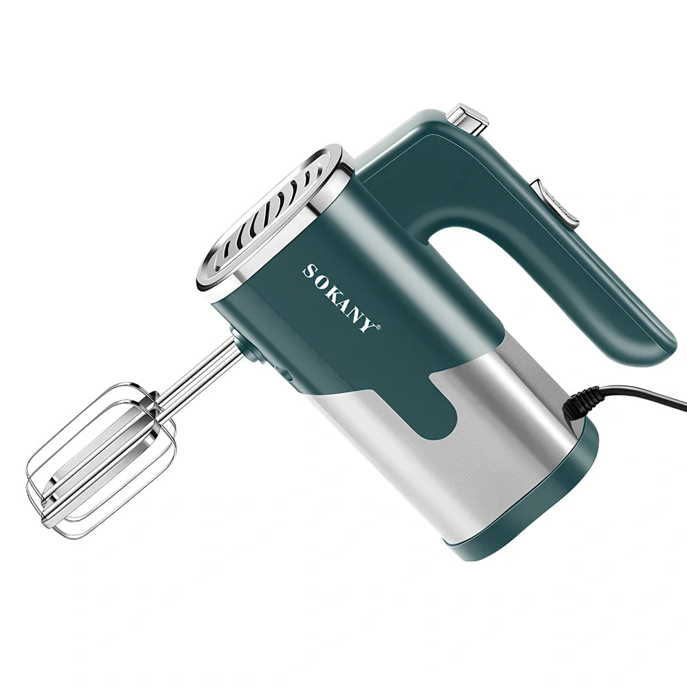 Black handheld electric whisk with stainless steel beaters and five speed buttons