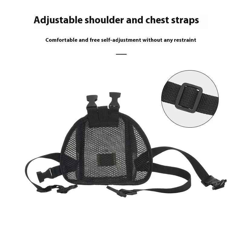 Solid colour dog backpack with breathable mesh panels for pet ventilation.