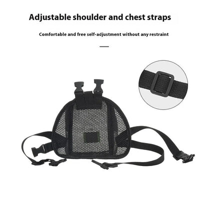 Solid colour dog backpack with breathable mesh panels for pet ventilation.
