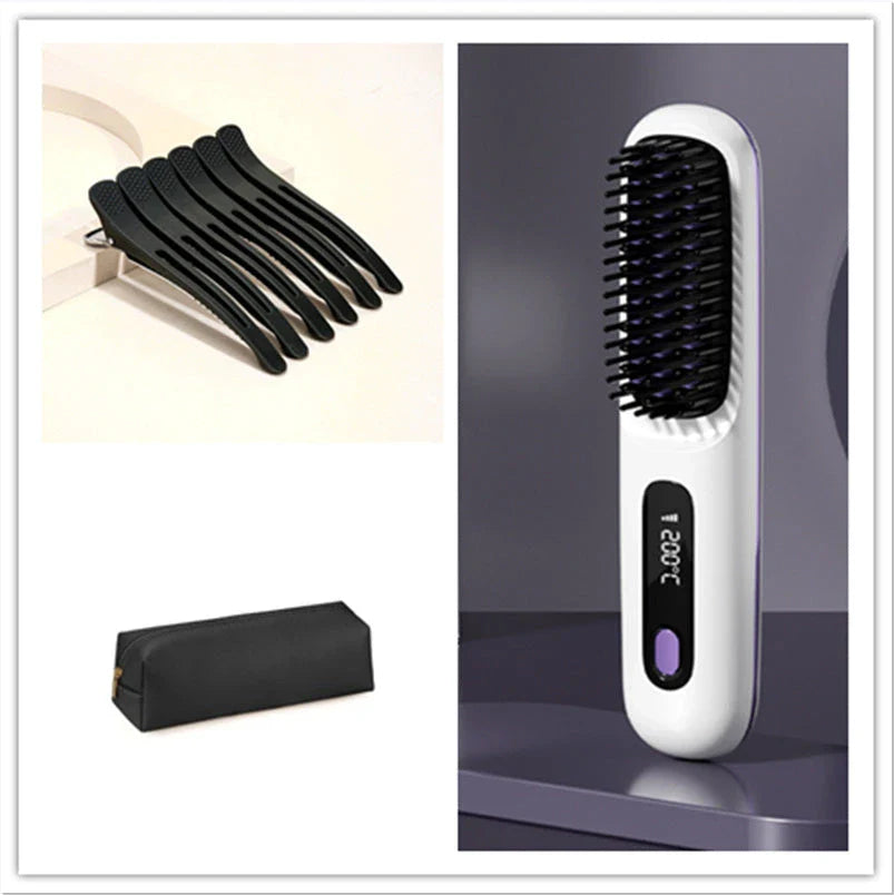 Cordless hair straightener brush with fast heating, long-lasting battery, and USB charging for effortless styling on-the-go