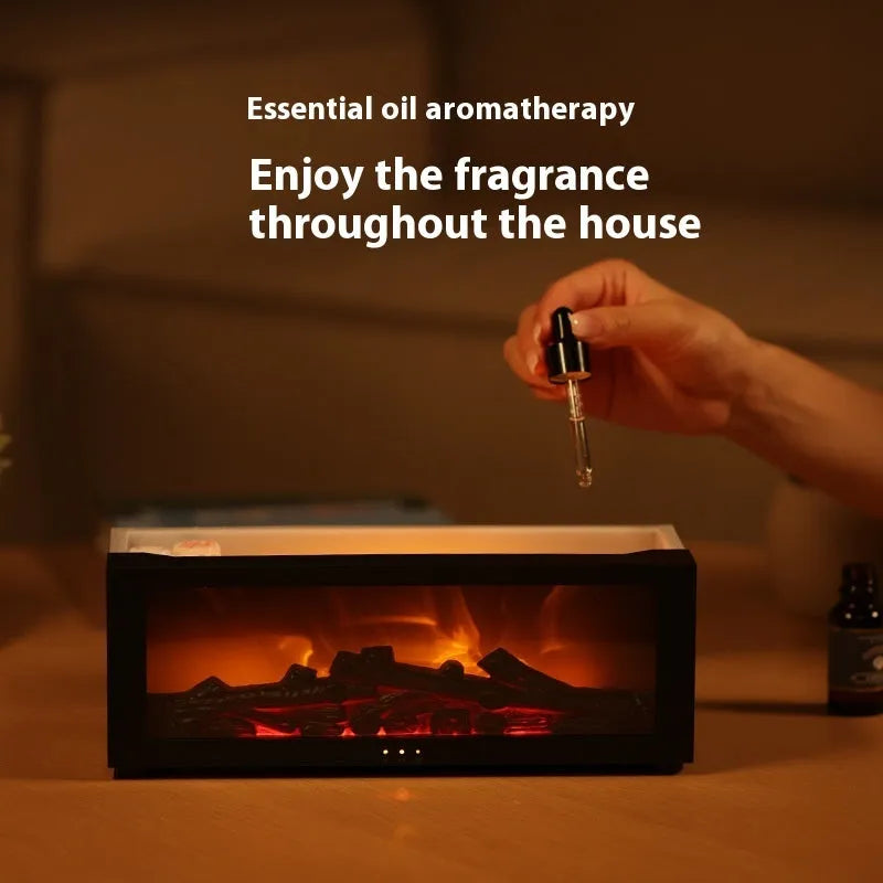 Square black flame essential oil diffuser with glowing 3D fire effect and coloured LED base lights.