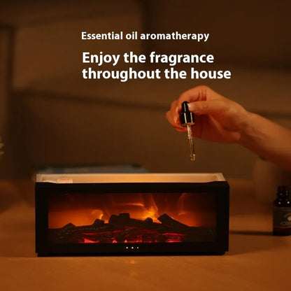 Square black flame essential oil diffuser with glowing 3D fire effect and coloured LED base lights.