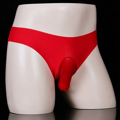 Men's low-rise Ice Silk T-back briefs on a white background, showing the open pouch design in black colour.