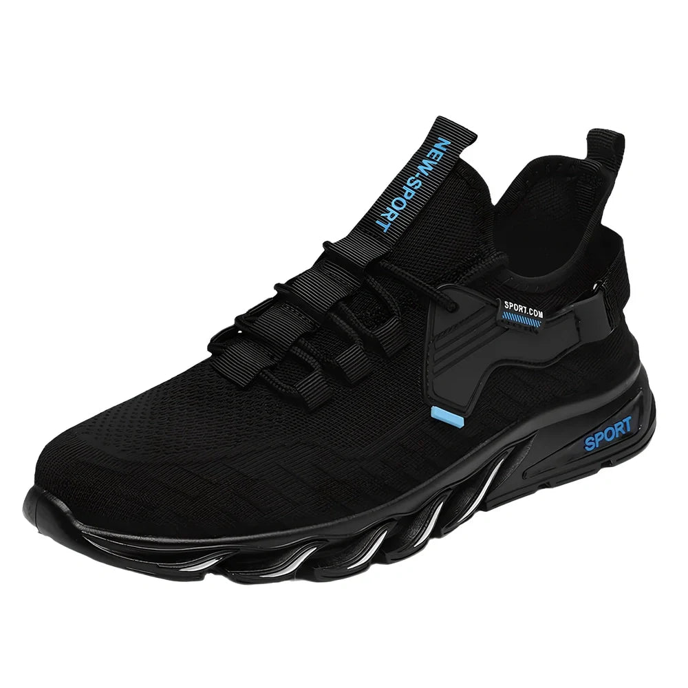 Flying woven breathable mesh sports shoes in black with blue accents showing mesh construction
