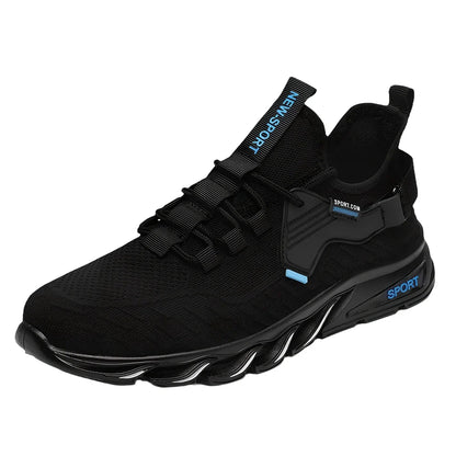 Flying woven breathable mesh sports shoes in black with blue accents showing mesh construction