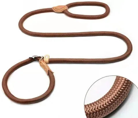 Brown nylon P chain dog leash hand holding rope showing 2.1 metre length