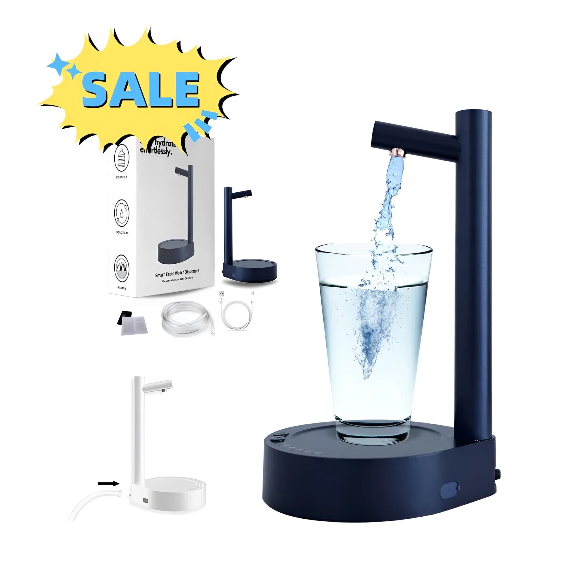 White electric water dispenser pump with USB cable for 5-gallon water bottles on desk