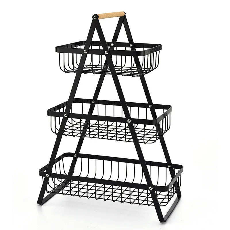 Black iron double-layer fruit basket with a wooden handle, shown detached and assembled.