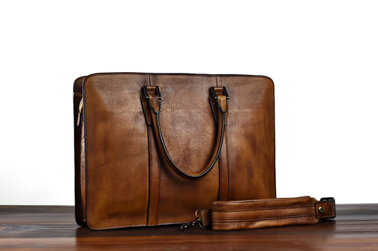14 inch men's horizontal retro vegetable tanned top layer cowhide business handbag