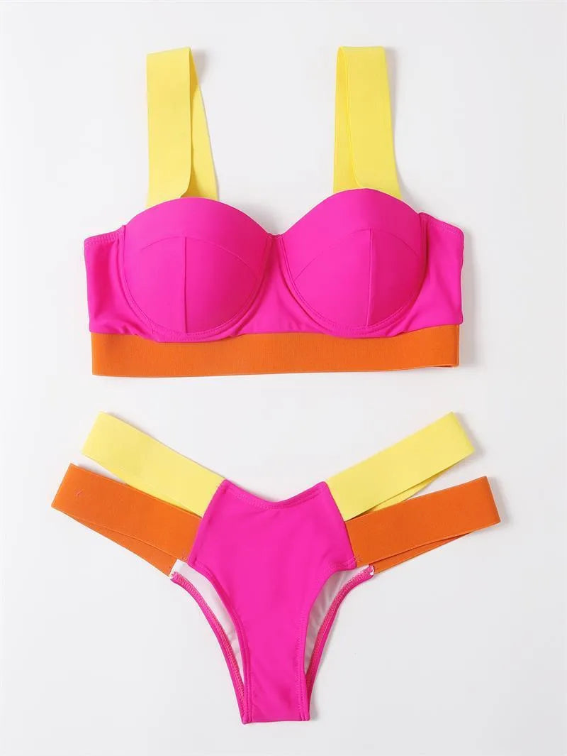 Women's rose red and black contrast colour bikini swimsuit with push-up support.