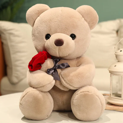 Rose bear plush stuffed animal pillow in beige, brown, or grey colours with soft short plush material