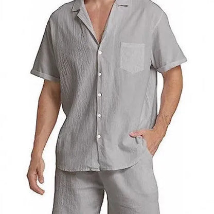 Men's flax summer sports short-sleeved top and shorts suit in army green colour