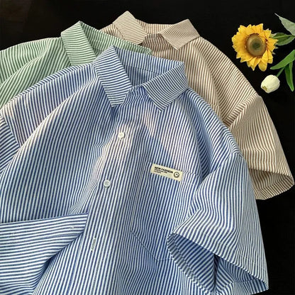 Loose plus size striped half sleeve shirt in blue or green colour