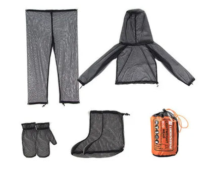 Anti-mosquito hooded suit and trousers set in breathable mesh fabric for outdoor wear.