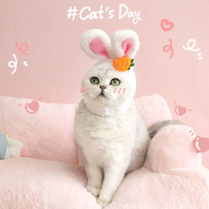 Plush cartoon rabbit ear pet hat in soft Polar Fleece, available in Carrot or Flower design, fits 28-35cm heads.