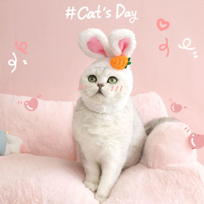 Plush Cartoon Pet Hat with Rabbit Ears for Cats and Dogs, Soft Polar Fleece Head Cover in Carrot or Flower Rabbit Design, Easter and Party Photo Prop, One Size Fits 28-35cm Heads