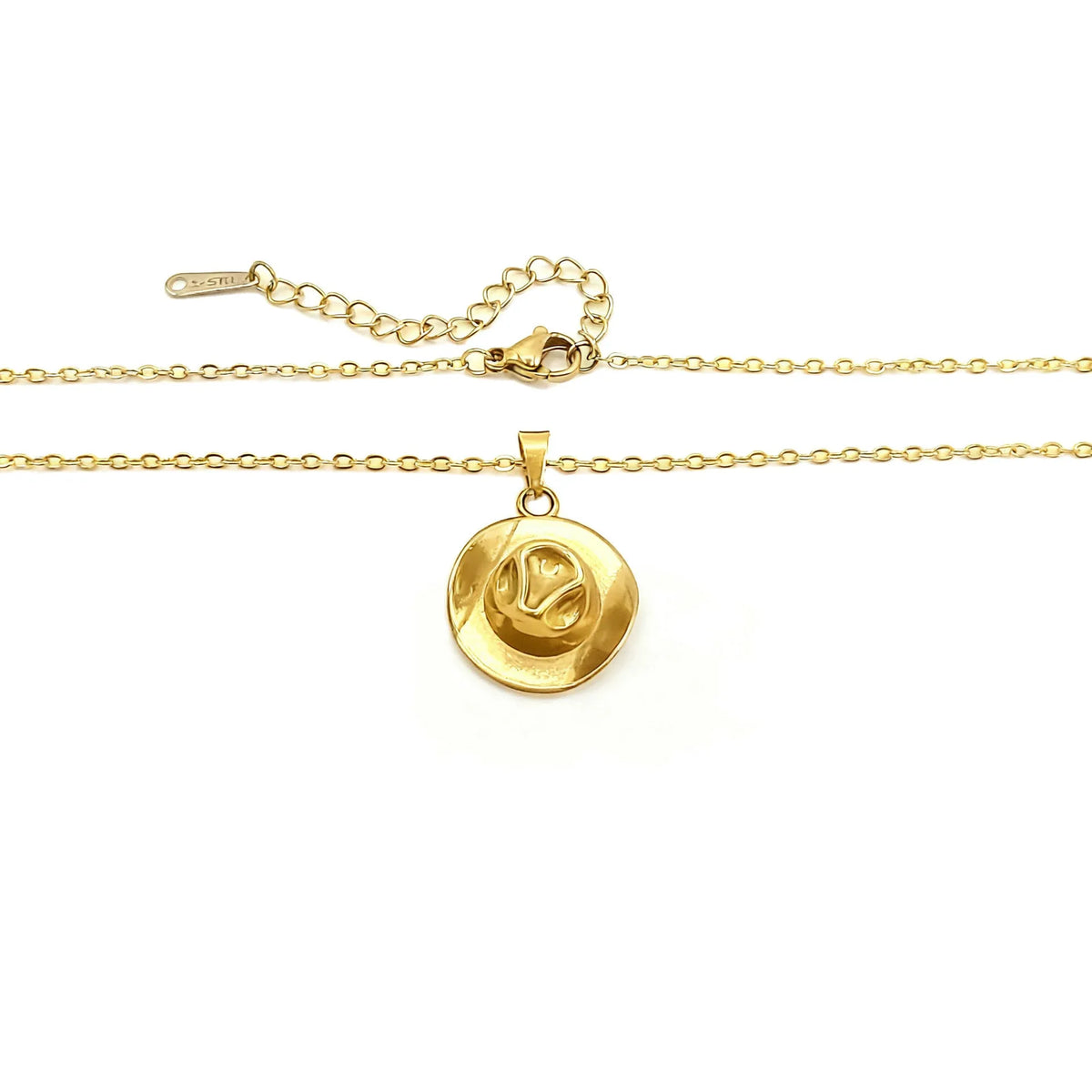 Cowboy hat punk pendant necklace on O-ring chain, 18K gold plated option, steel gold rose gold colours
