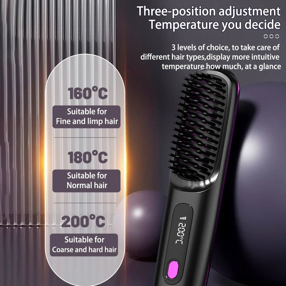Cordless hair straightener brush with fast heating, long-lasting battery, and USB charging for effortless styling on-the-go