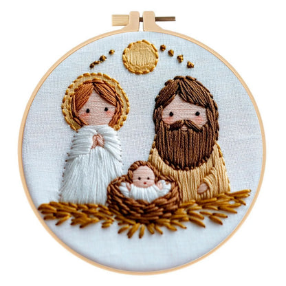 24cm square vintage embroidery kit with cotton linen cloth, landscape pattern, and three embroidery tools