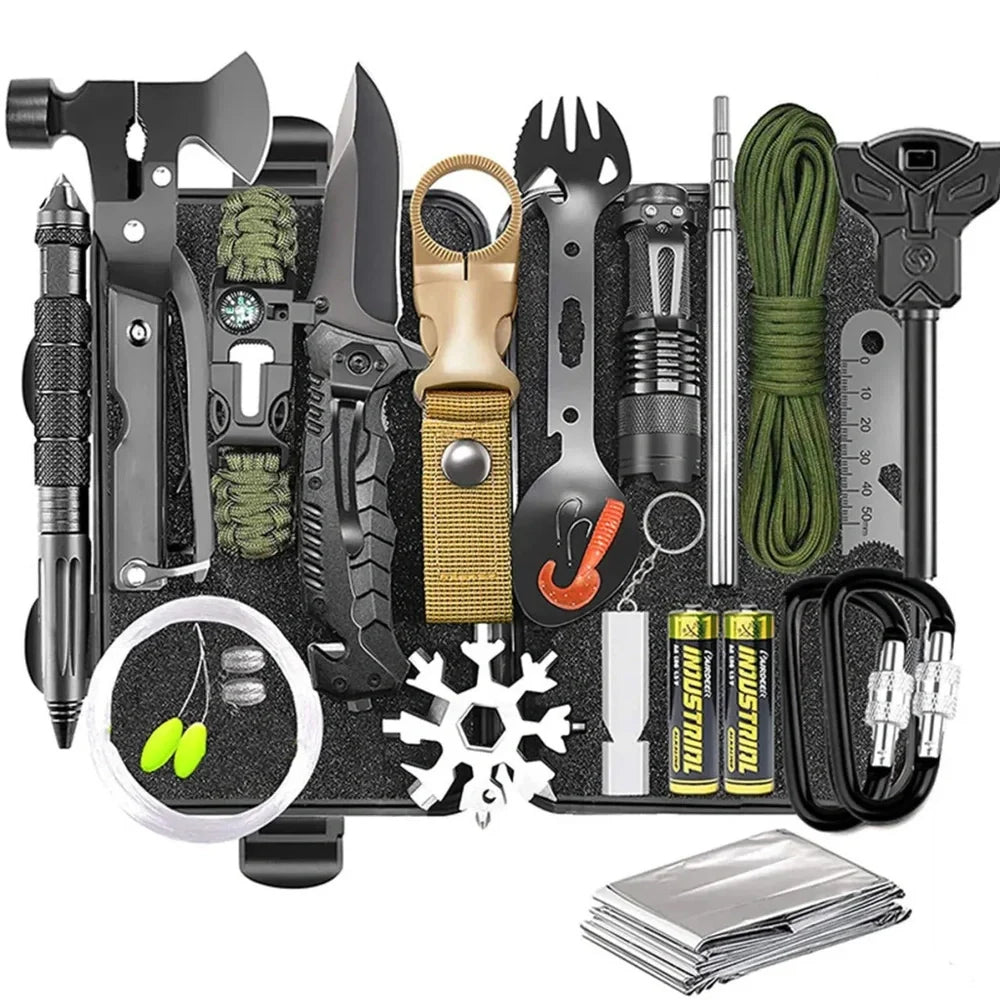 Outdoor survival kit with alloy tools and plastic components in multiple colour options