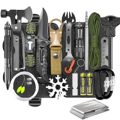 Outdoor survival kit with alloy tools and plastic components in multiple colour options