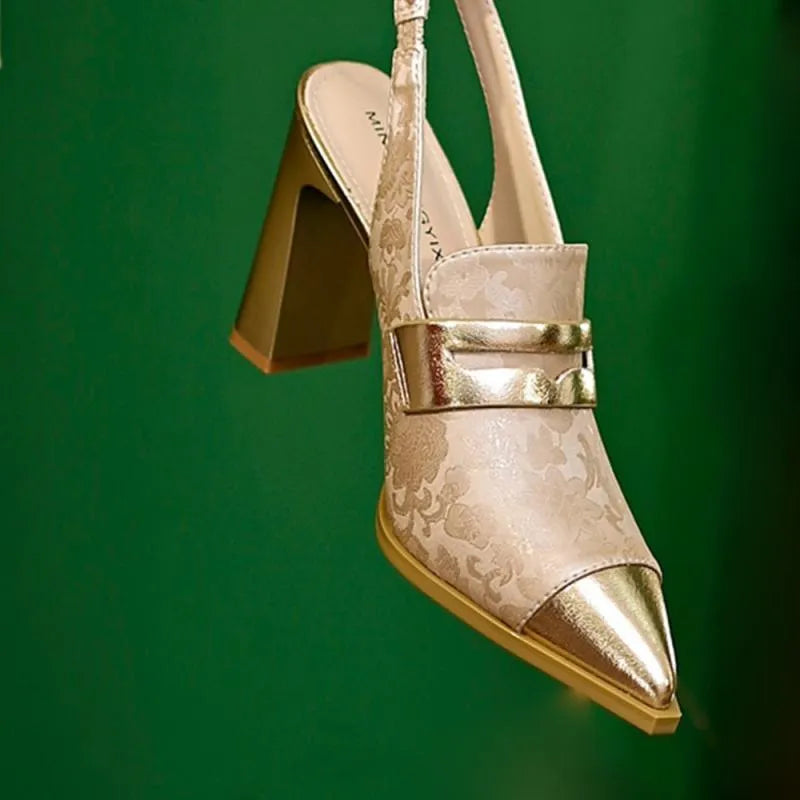 Korean style women's chunky heel sandals with pointed toe and high-cut elastic strap in three colours.